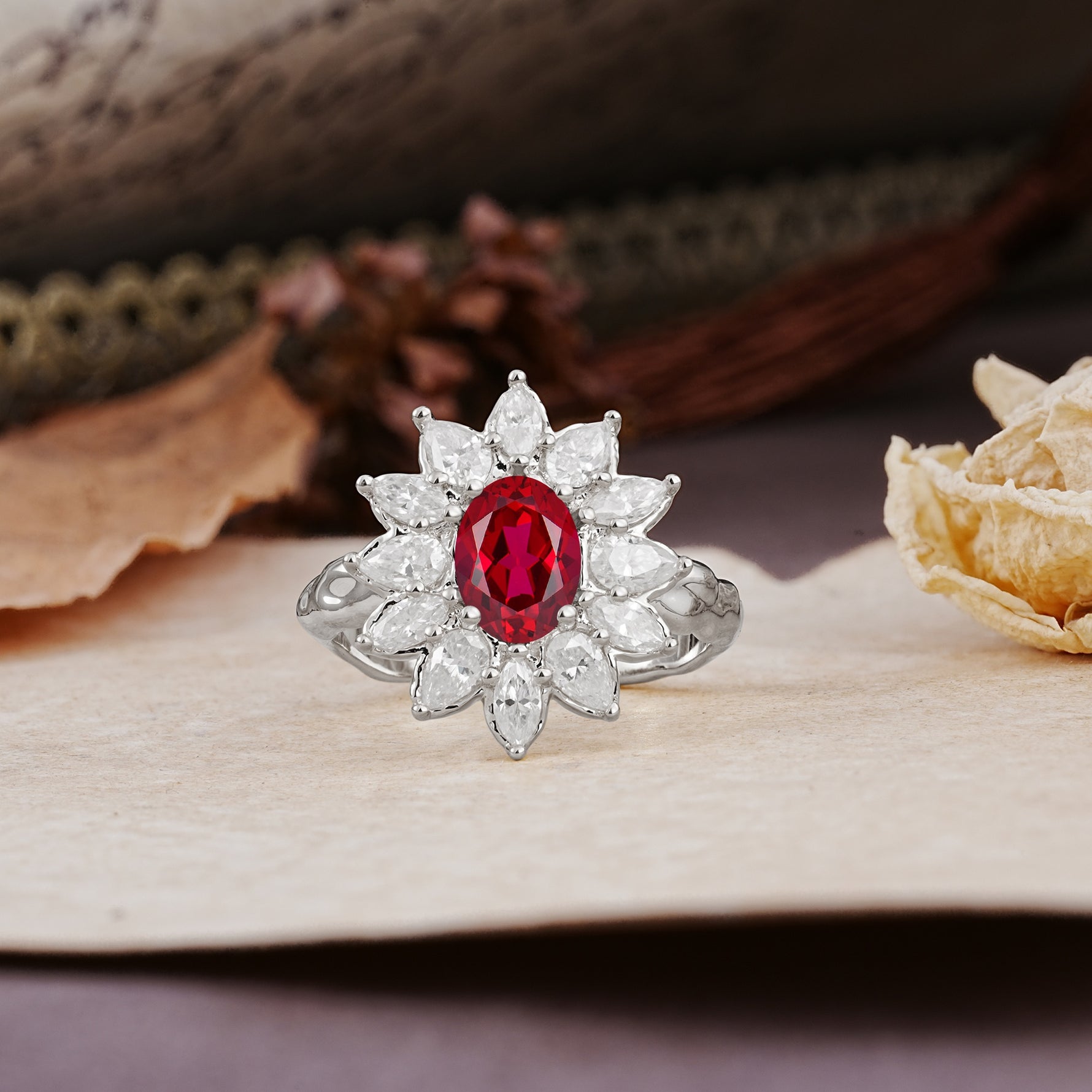 Nature-Inspired, Luxurious, and Unique Sunflower-Style 6-Prong Oval-Cut Ruby Engagement Ring - Additional view