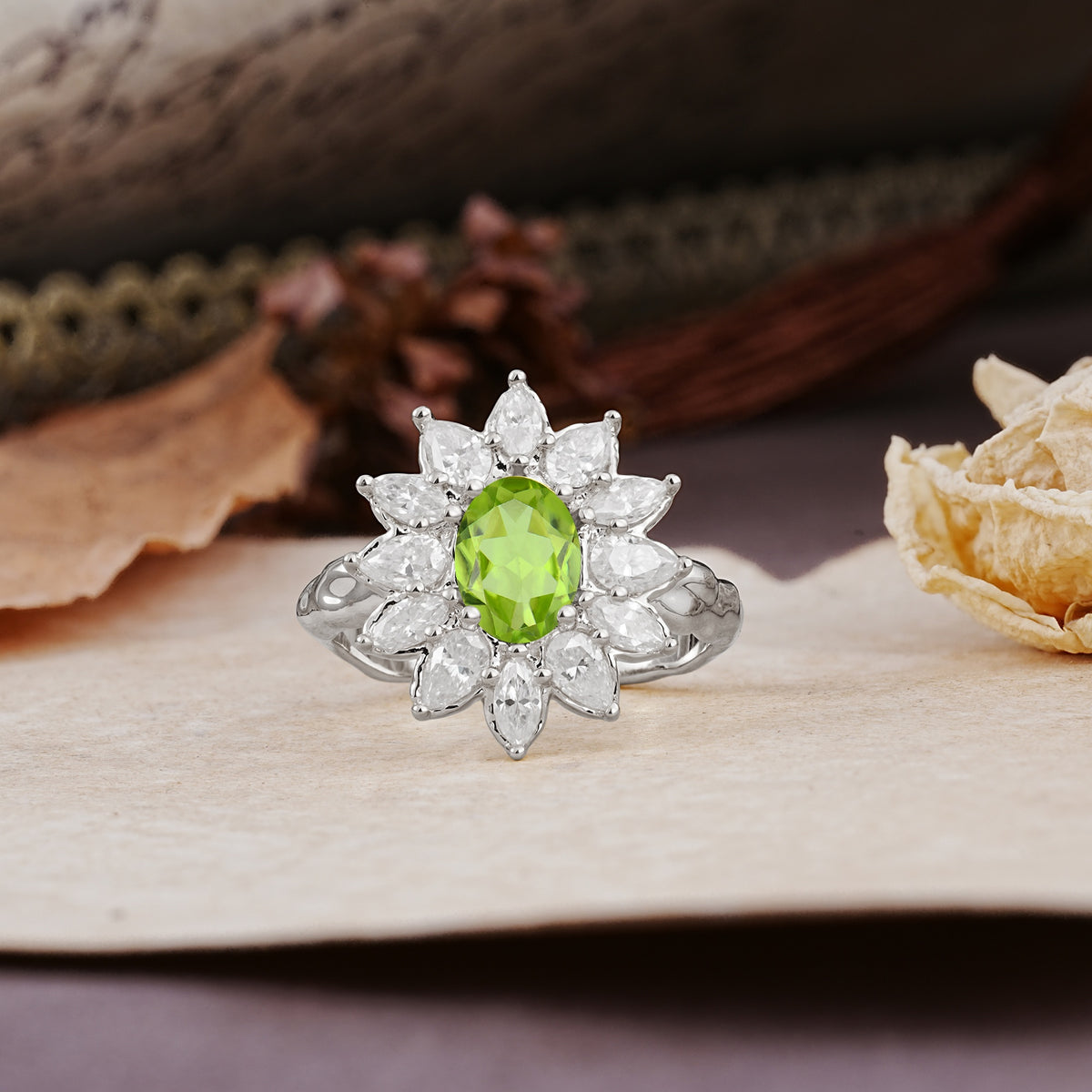 Nature-Inspired, Luxurious, and Unique Sunflower-Style 6-Prong Oval-Cut Peridot Engagement Ring - Additional view