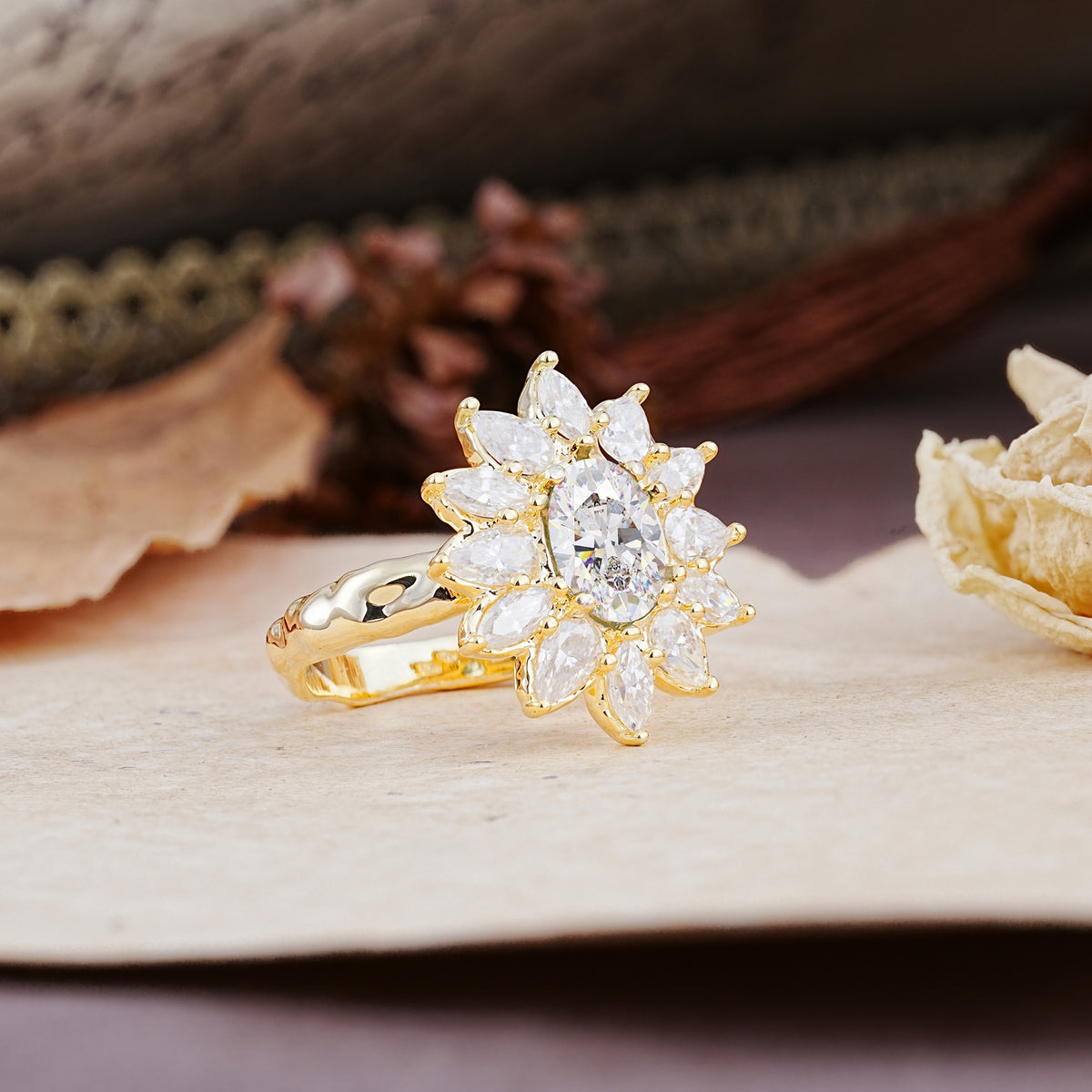 Nature-Inspired, Luxurious, and Unique Sunflower-Style 6-Prong Oval-Cut Moissanite Engagement Ring - Additional view