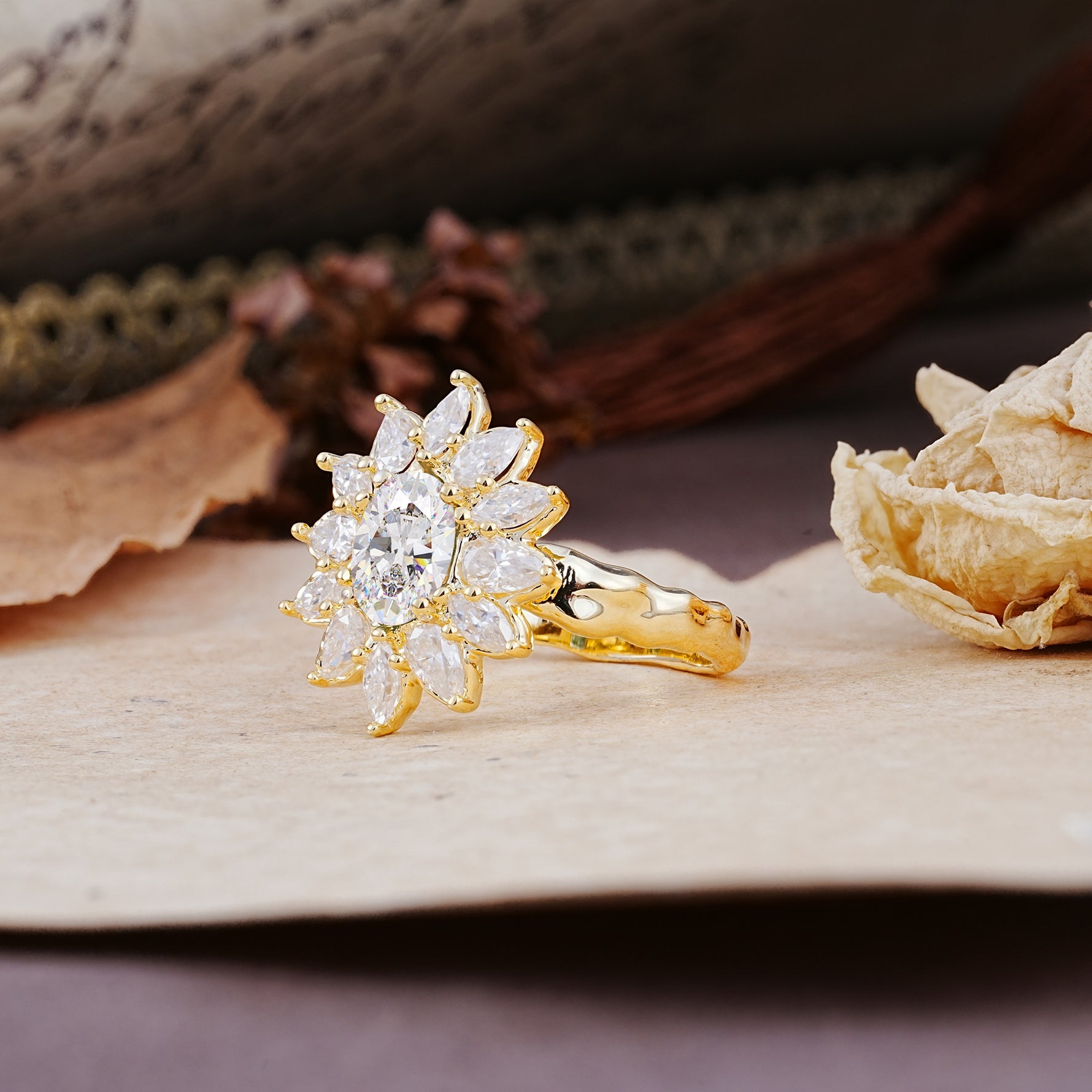 Nature-Inspired, Luxurious, and Unique Sunflower-Style 6-Prong Oval-Cut Moissanite Engagement Ring - Additional view