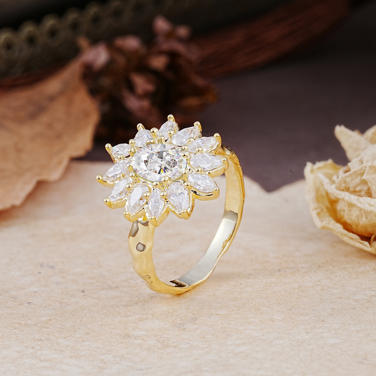 Nature-Inspired, Luxurious, and Unique Sunflower-Style 6-Prong Oval-Cut Moissanite Engagement Ring - Additional view
