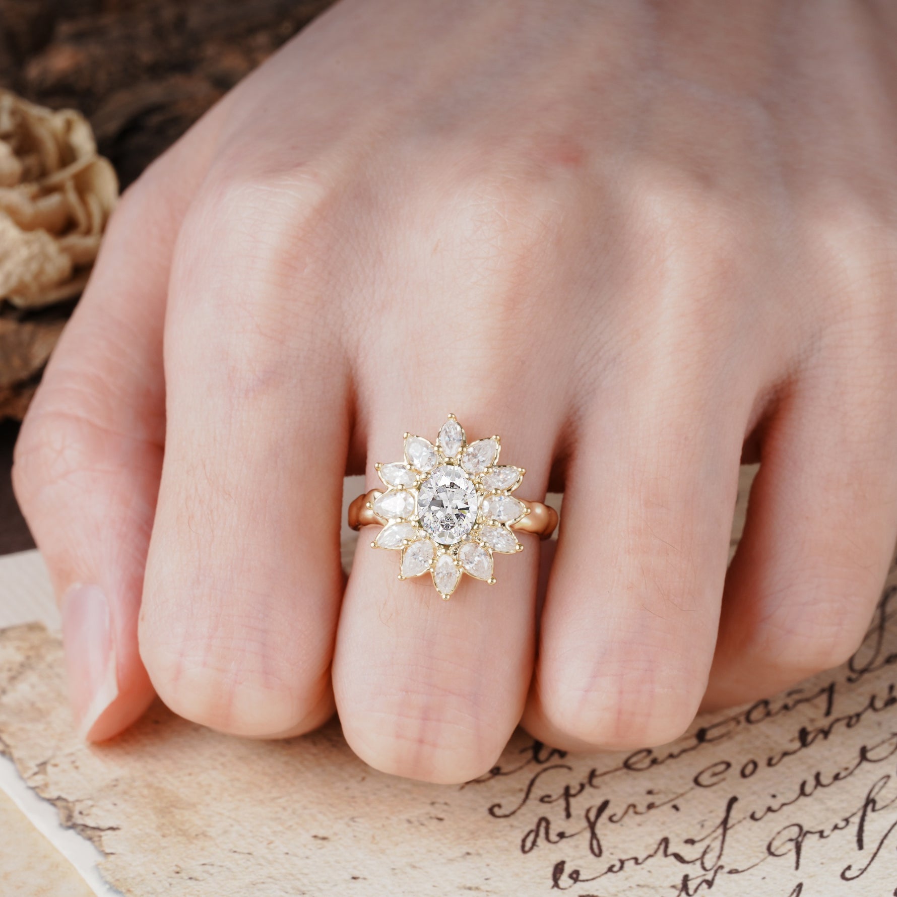 Nature-Inspired, Luxurious, and Unique Sunflower-Style 6-Prong Oval-Cut Moissanite Engagement Ring - Additional view