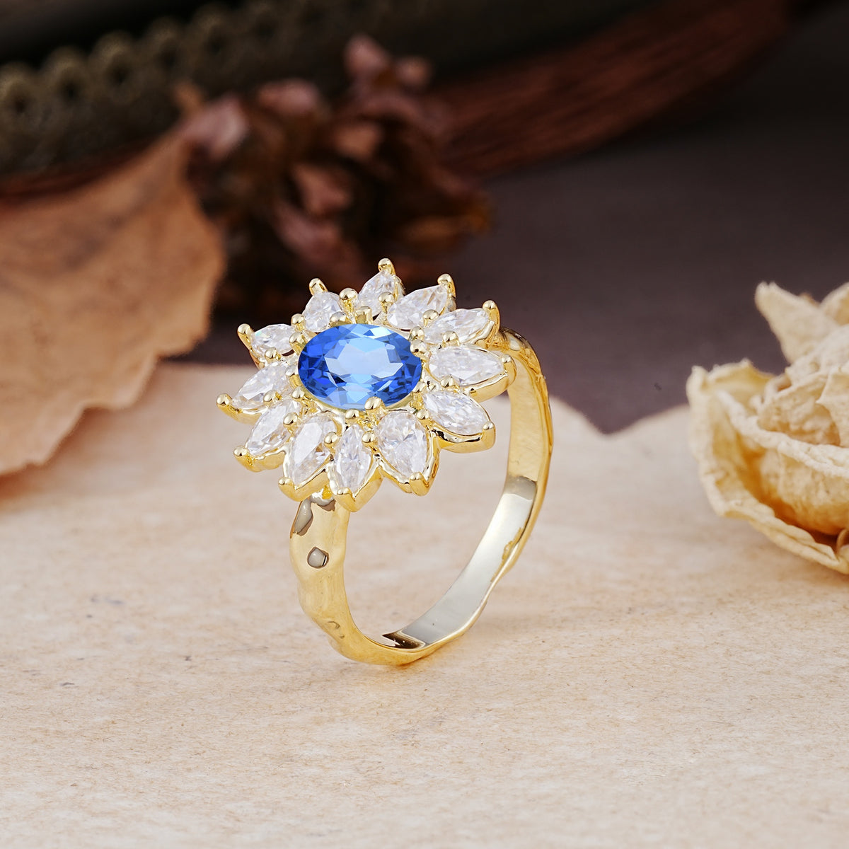 Nature-Inspired, Luxurious, and Unique Sunflower-Style 6-Prong Oval-Cut Sapphire Engagement Ring - Additional view