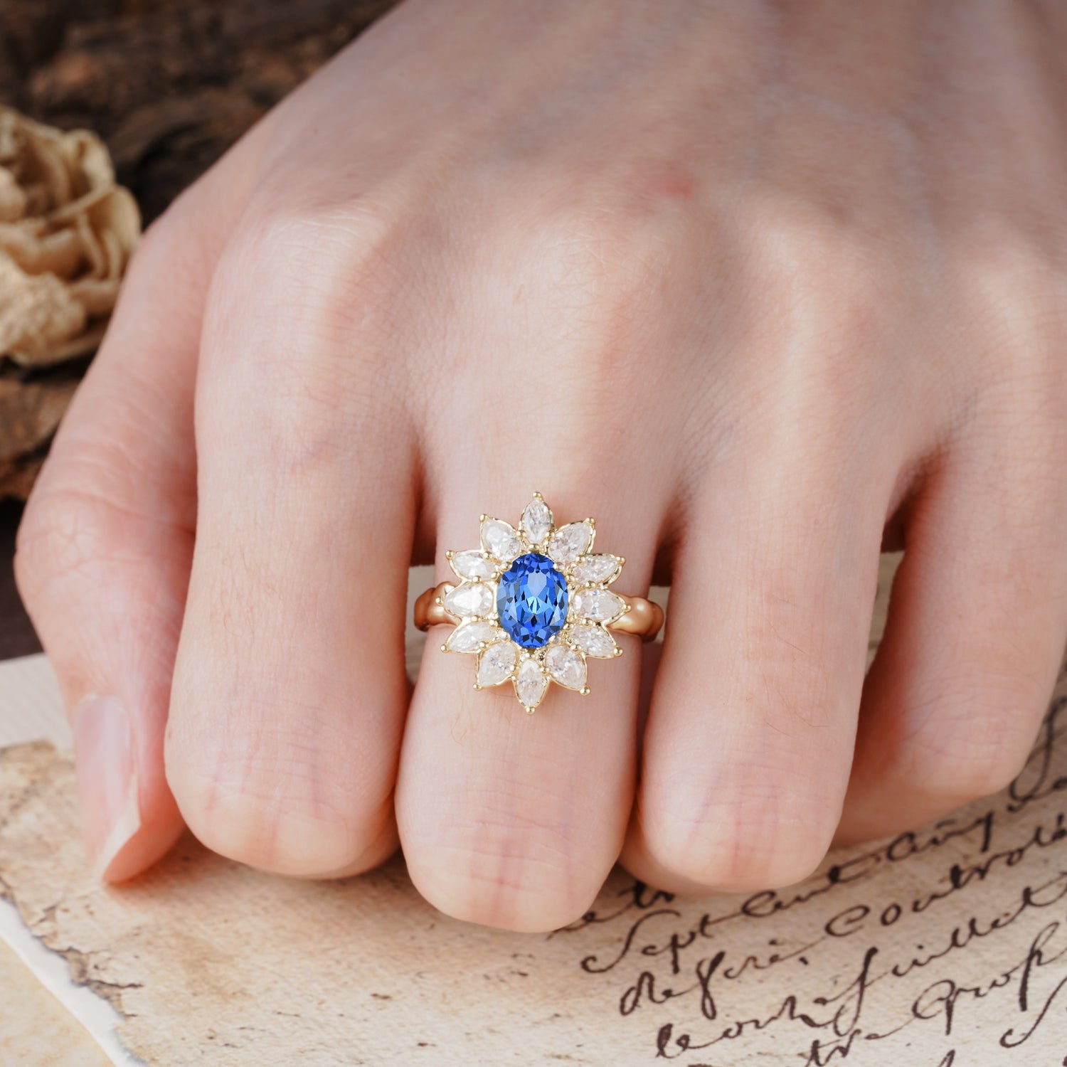 Nature-Inspired, Luxurious, and Unique Sunflower-Style 6-Prong Oval-Cut Sapphire Engagement Ring - Additional view