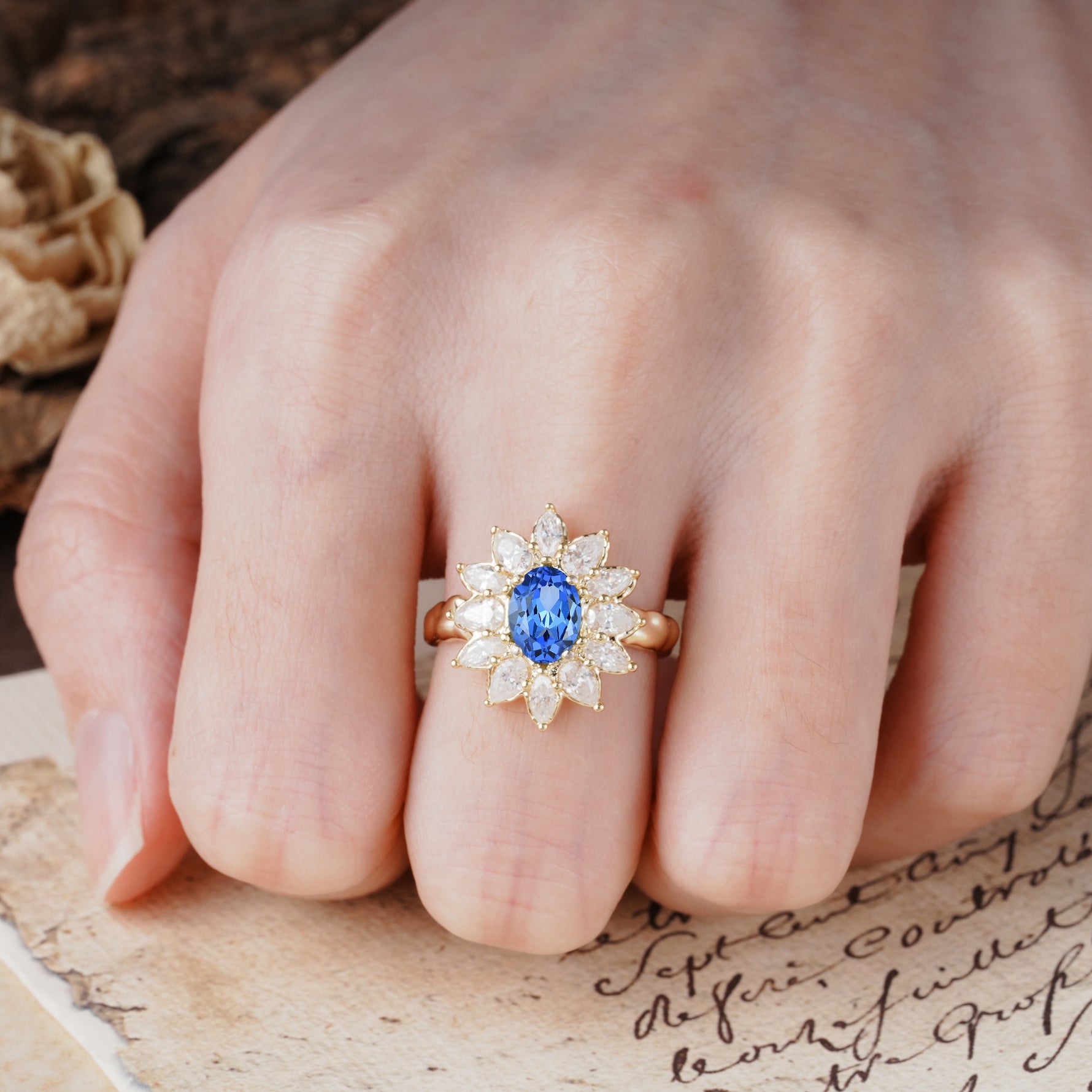 Nature-Inspired, Luxurious, and Unique Sunflower-Style 6-Prong Oval-Cut Sapphire Engagement Ring - Additional view
