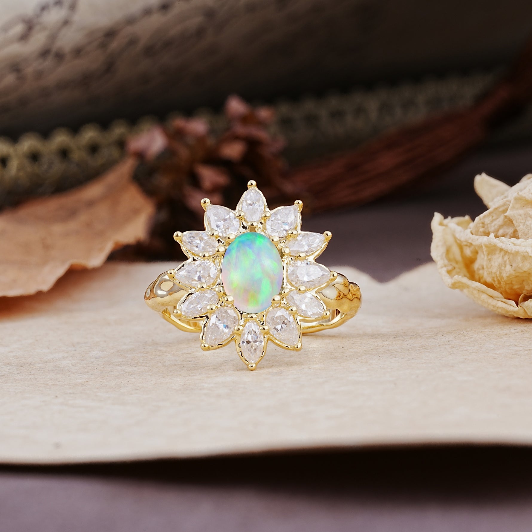 Nature-Inspired, Luxurious, and Unique Sunflower-Style 6-Prong Oval-Cut Fire Opal Engagement Ring - Additional view