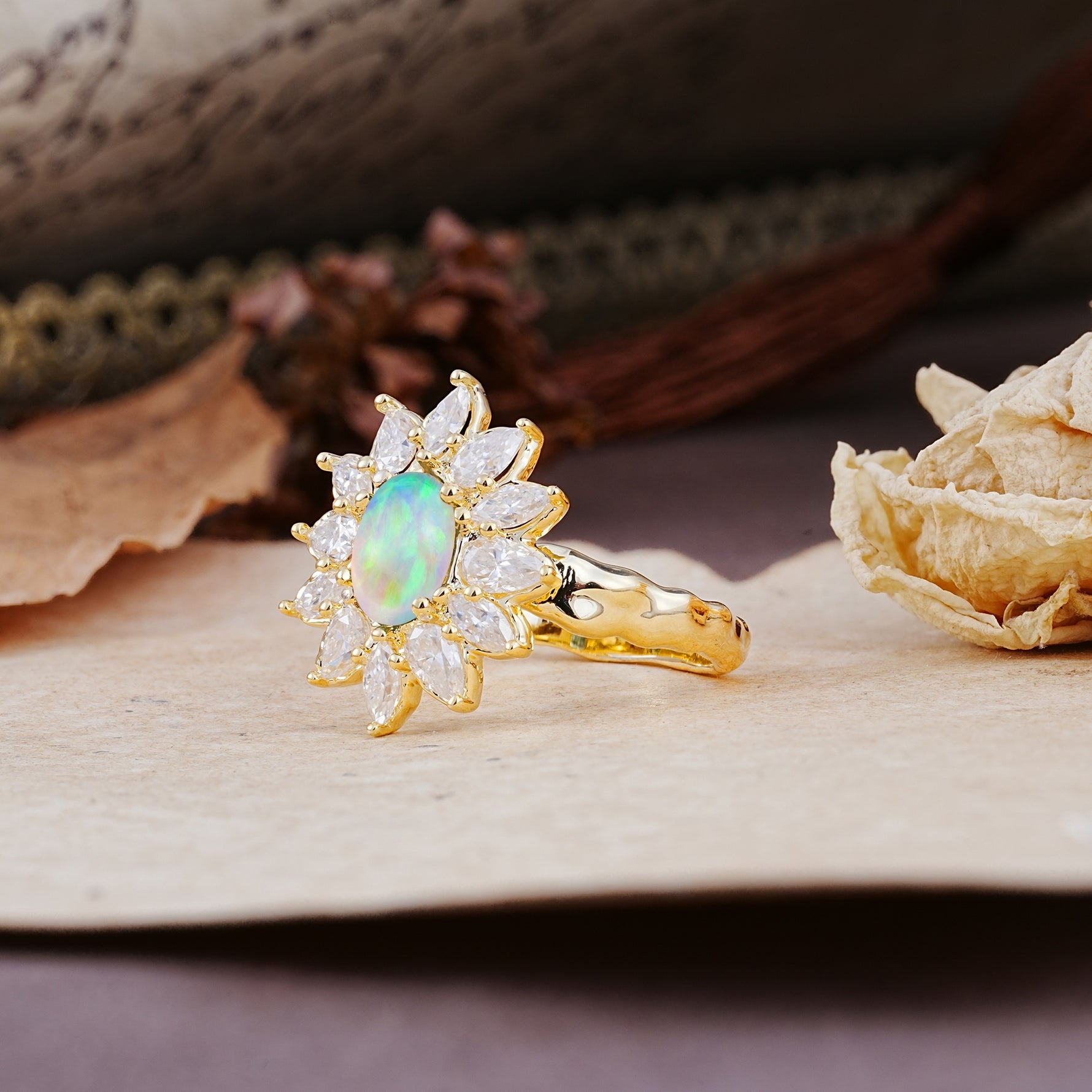Nature-Inspired, Luxurious, and Unique Sunflower-Style 6-Prong Oval-Cut Fire Opal Engagement Ring - Additional view