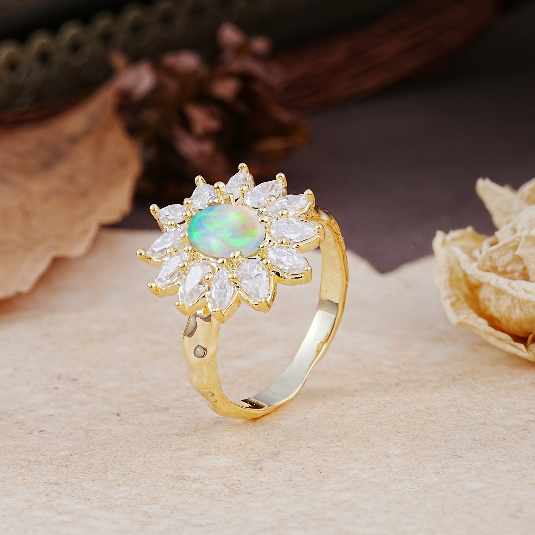 Nature-Inspired, Luxurious, and Unique Sunflower-Style 6-Prong Oval-Cut Fire Opal Engagement Ring - Additional view