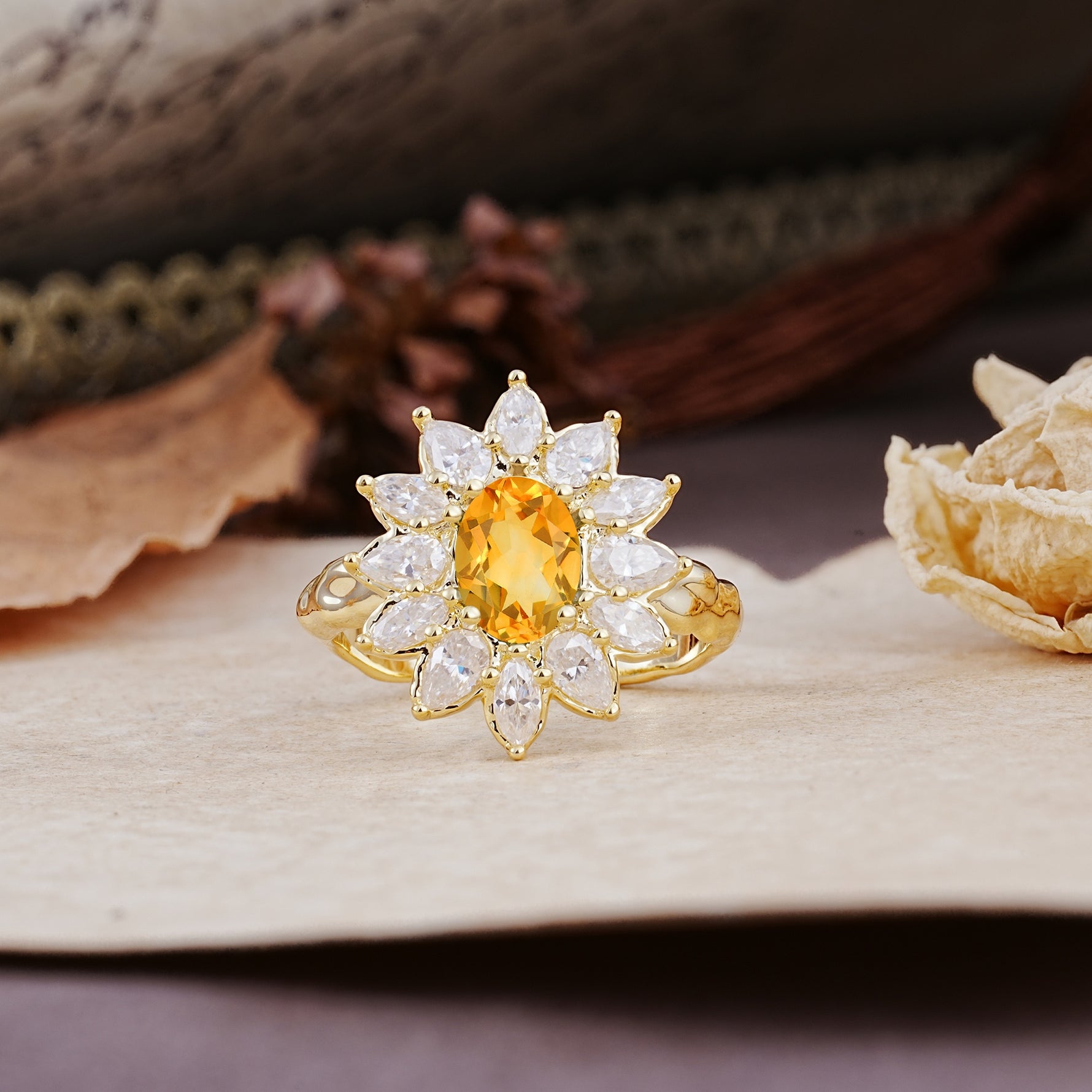 Nature-Inspired, Luxurious, and Unique Sunflower-Style 6-Prong Oval-Cut Citrine Engagement Ring - Additional view
