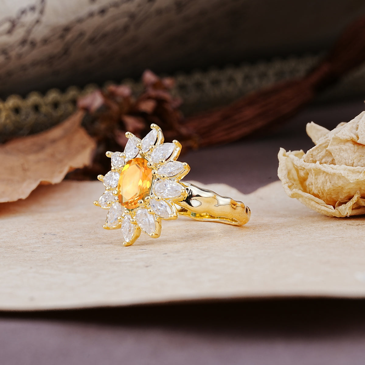 Nature-Inspired, Luxurious, and Unique Sunflower-Style 6-Prong Oval-Cut Citrine Engagement Ring - Additional view