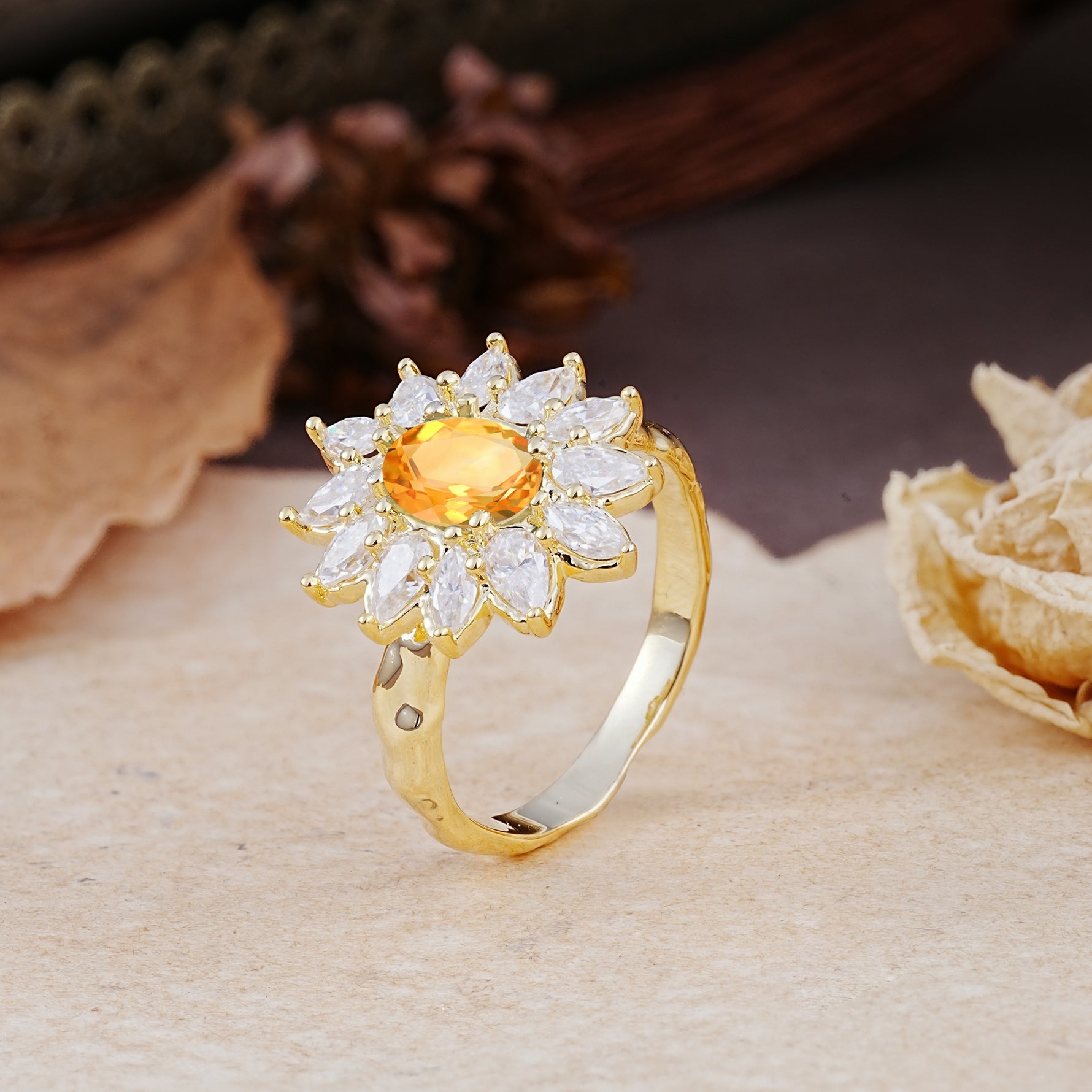 Nature-Inspired, Luxurious, and Unique Sunflower-Style 6-Prong Oval-Cut Citrine Engagement Ring - Additional view