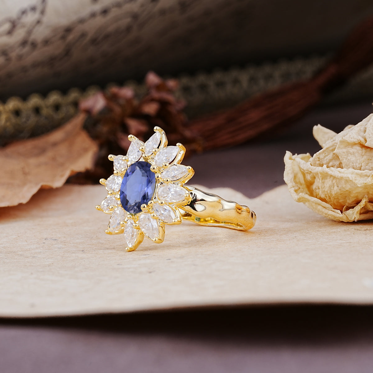 Nature-Inspired, Luxurious, and Unique Sunflower-Style 6-Prong Oval-Cut Tanzanite Engagement Ring - Additional view