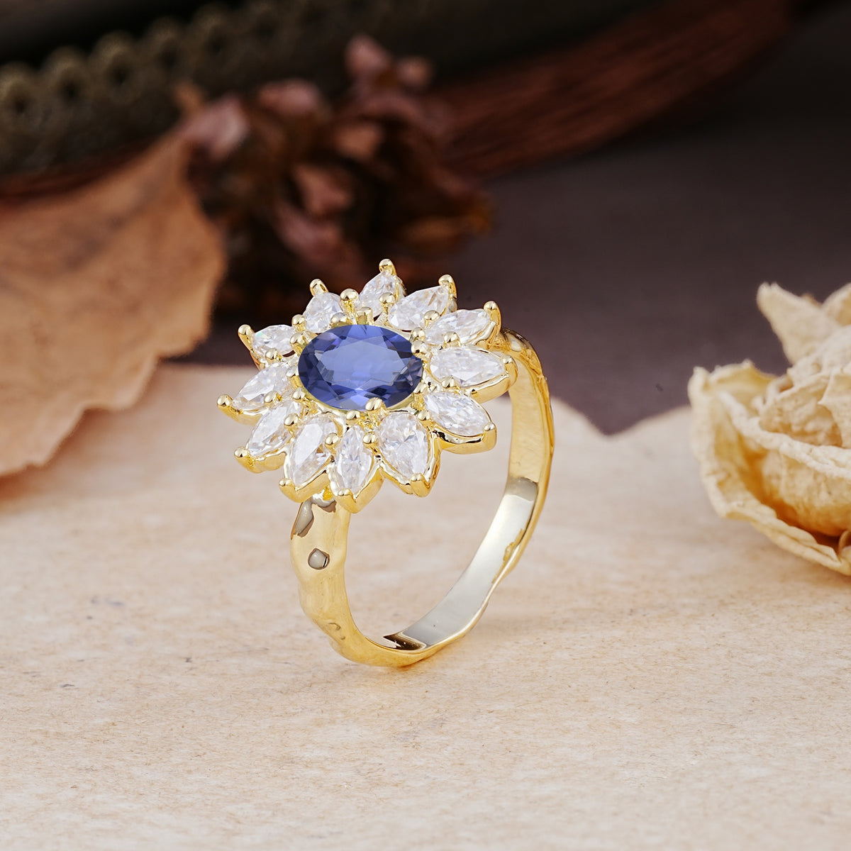 Nature-Inspired, Luxurious, and Unique Sunflower-Style 6-Prong Oval-Cut Tanzanite Engagement Ring - Additional view
