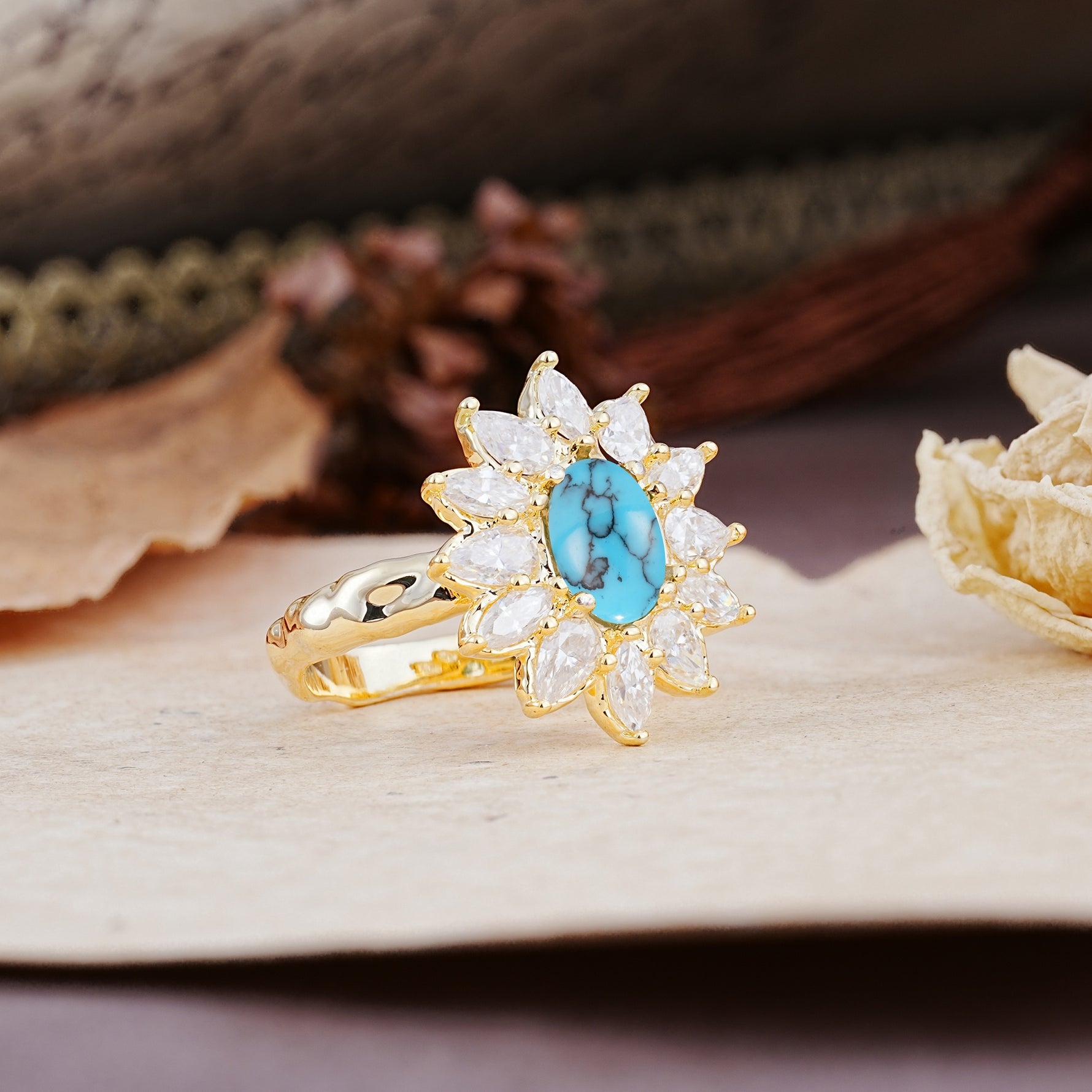 Nature-Inspired, Luxurious, and Unique Sunflower-Style 6-Prong Oval-Cut Turquoise Engagement Ring - Additional view