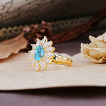 Nature-Inspired, Luxurious, and Unique Sunflower-Style 6-Prong Oval-Cut Turquoise Engagement Ring - Additional view