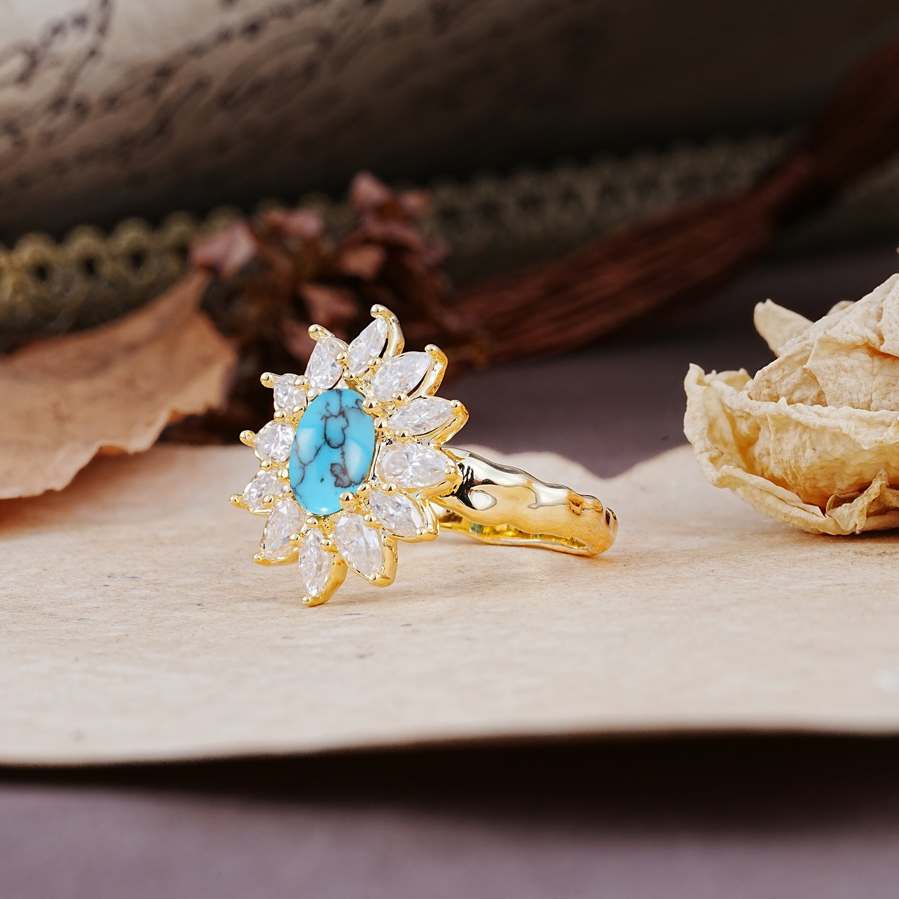 Nature-Inspired, Luxurious, and Unique Sunflower-Style 6-Prong Oval-Cut Turquoise Engagement Ring - Additional view