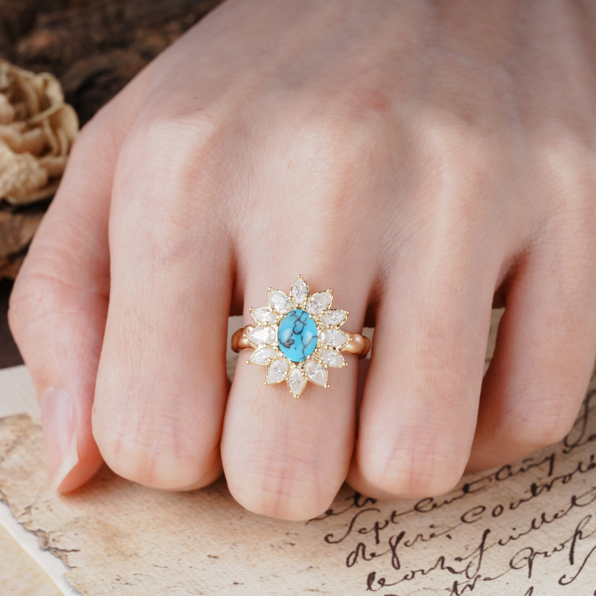 Nature-Inspired, Luxurious, and Unique Sunflower-Style 6-Prong Oval-Cut Turquoise Engagement Ring - Additional view