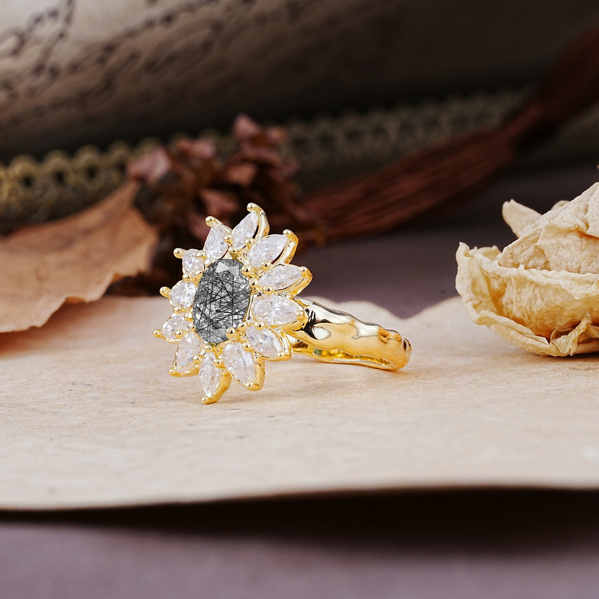 Nature-Inspired, Luxurious, and Unique Sunflower-Style 6-Prong Oval-Cut Black Rutilated Quartz Engagement Ring - Additional view