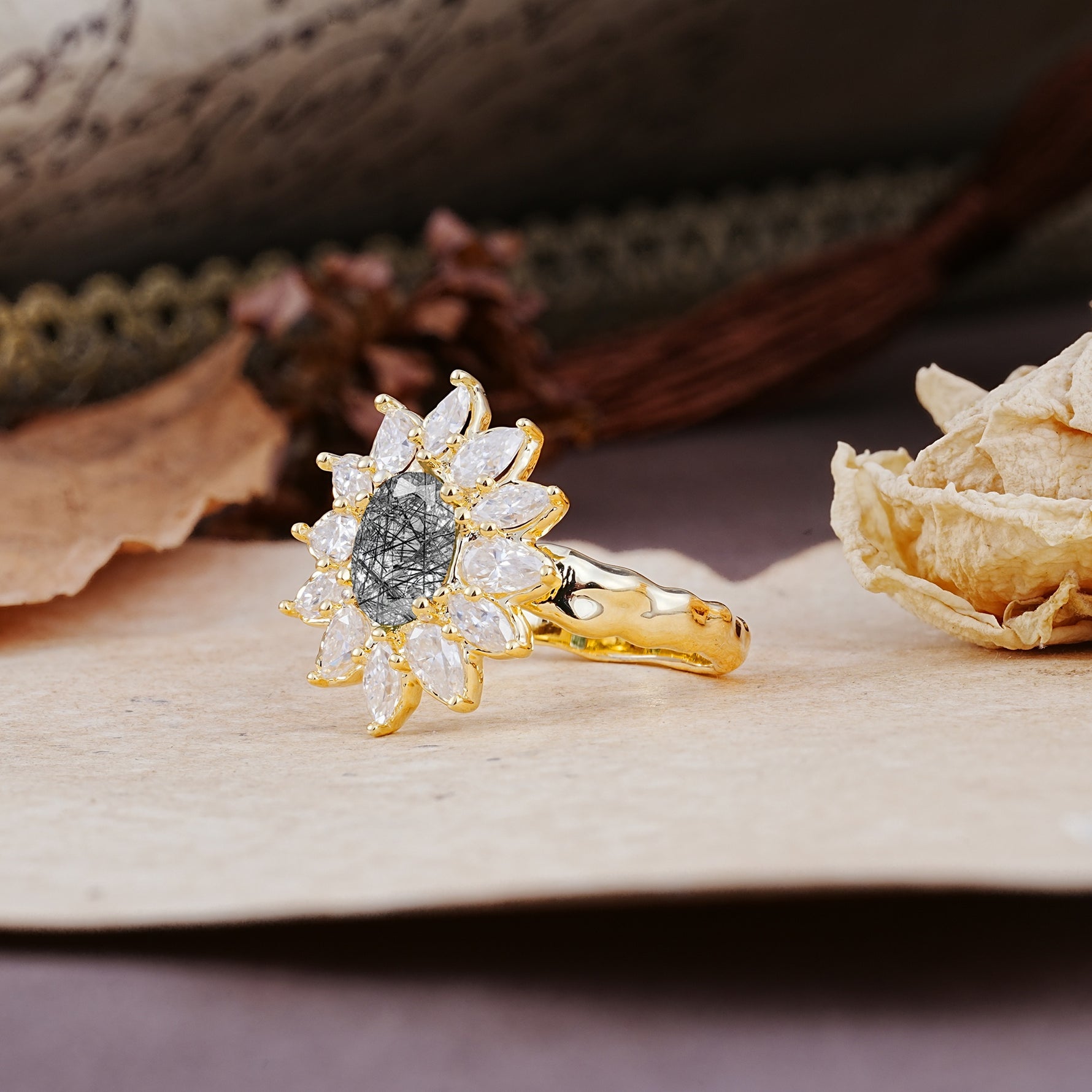 Nature-Inspired, Luxurious, and Unique Sunflower-Style 6-Prong Oval-Cut Black Rutilated Quartz Engagement Ring - Additional view