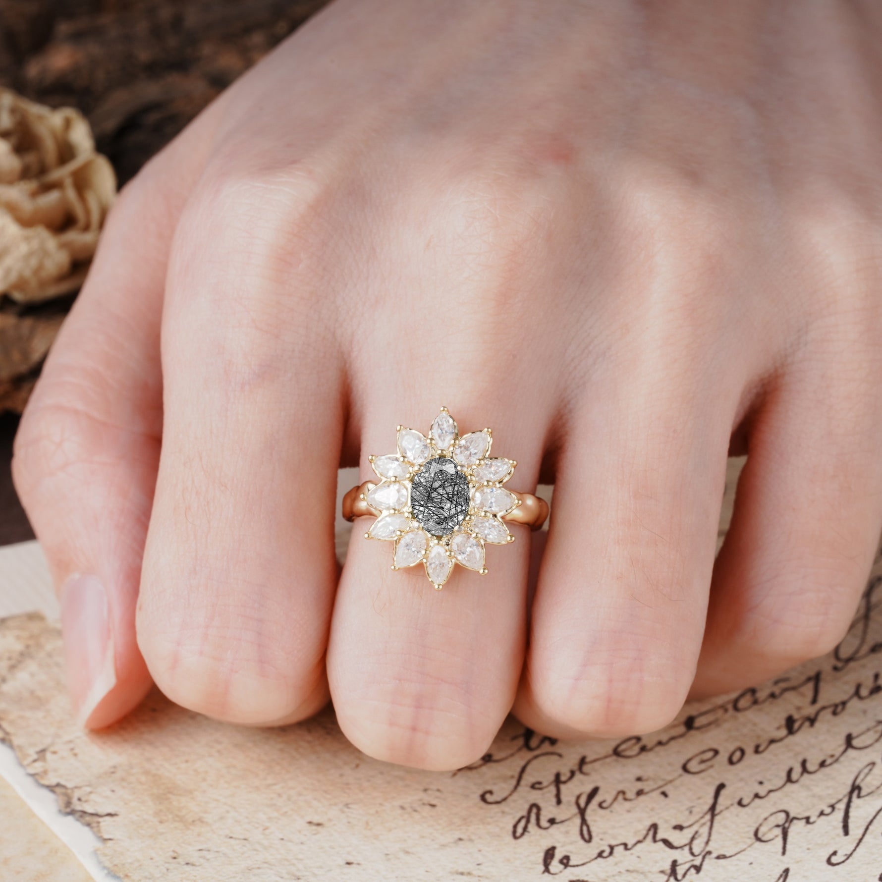 Nature-Inspired, Luxurious, and Unique Sunflower-Style 6-Prong Oval-Cut Black Rutilated Quartz Engagement Ring - Additional view