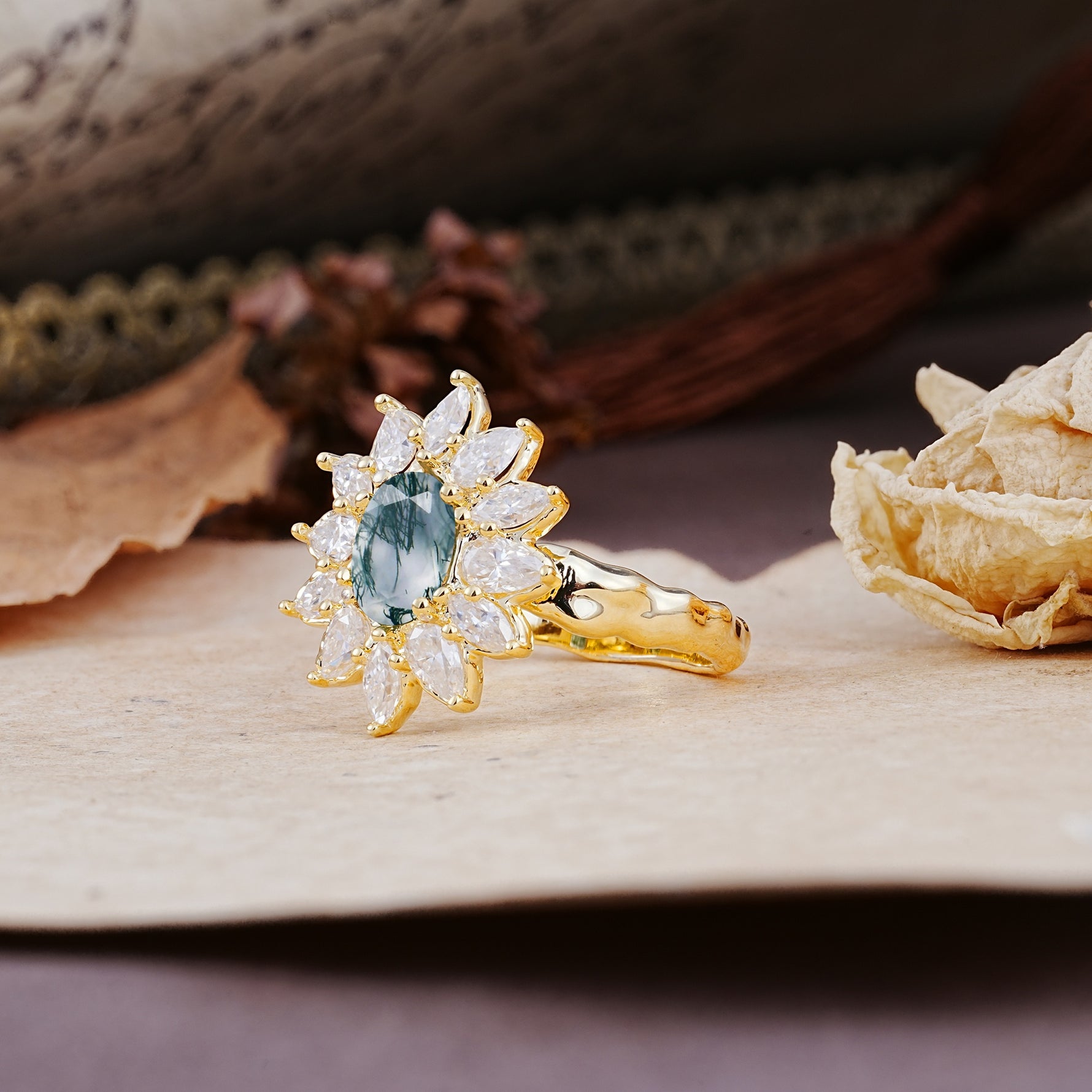Nature-Inspired, Luxurious, and Unique Sunflower-Style 6-Prong Oval-Cut Moss Agate Engagement Ring - Additional view