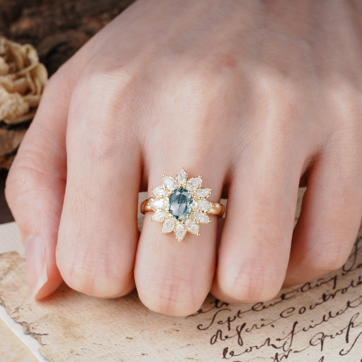 Nature-Inspired, Luxurious, and Unique Sunflower-Style 6-Prong Oval-Cut Moss Agate Engagement Ring - Additional view