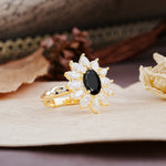 Nature-Inspired, Luxurious, and Unique Sunflower-Style 6-Prong Oval-Cut Black Onyx Engagement Ring - Additional view