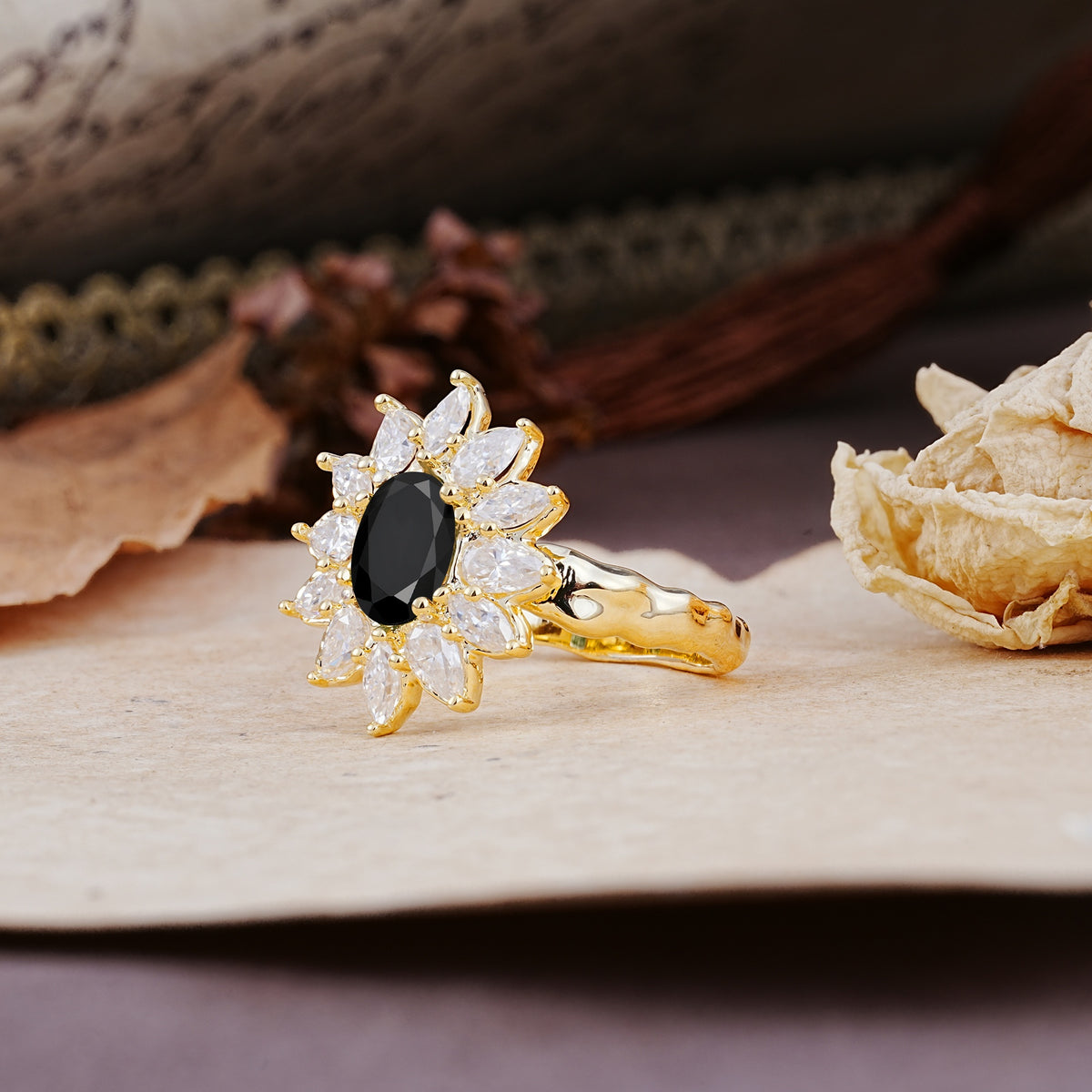 Nature-Inspired, Luxurious, and Unique Sunflower-Style 6-Prong Oval-Cut Black Onyx Engagement Ring - Additional view