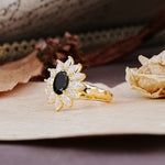 Nature-Inspired, Luxurious, and Unique Sunflower-Style 6-Prong Oval-Cut Black Onyx Engagement Ring - Additional view