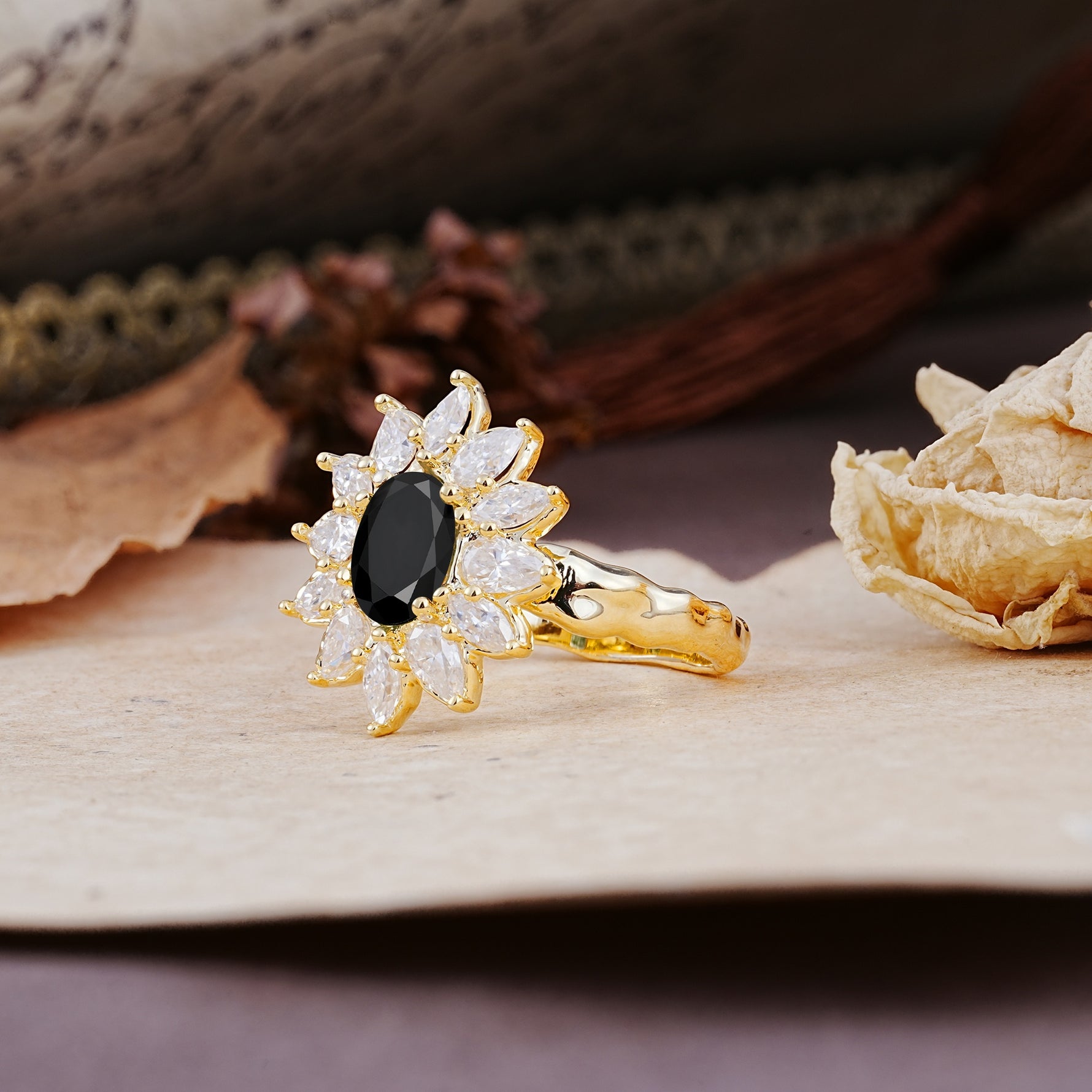 Nature-Inspired, Luxurious, and Unique Sunflower-Style 6-Prong Oval-Cut Black Onyx Engagement Ring - Additional view