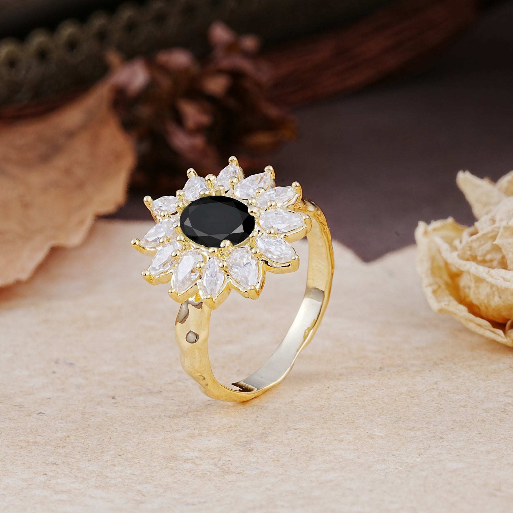 Nature-Inspired, Luxurious, and Unique Sunflower-Style 6-Prong Oval-Cut Black Onyx Engagement Ring - Additional view