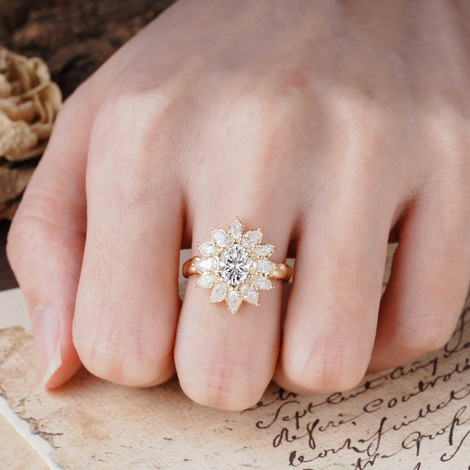 Nature-Inspired, Luxurious, and Unique Sunflower-Style 6-Prong Oval-Cut Lab Diamond Engagement Ring - Additional view