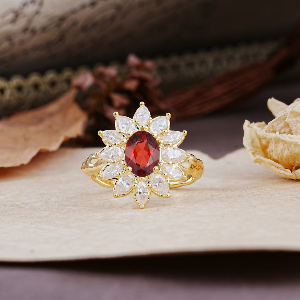 Nature-Inspired, Luxurious, and Unique Sunflower-Style 6-Prong Oval-Cut Garnet Engagement Ring - Additional view