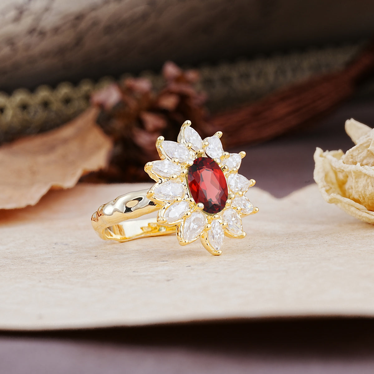 Nature-Inspired, Luxurious, and Unique Sunflower-Style 6-Prong Oval-Cut Garnet Engagement Ring - Additional view