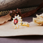 Nature-Inspired, Luxurious, and Unique Sunflower-Style 6-Prong Oval-Cut Garnet Engagement Ring - Additional view