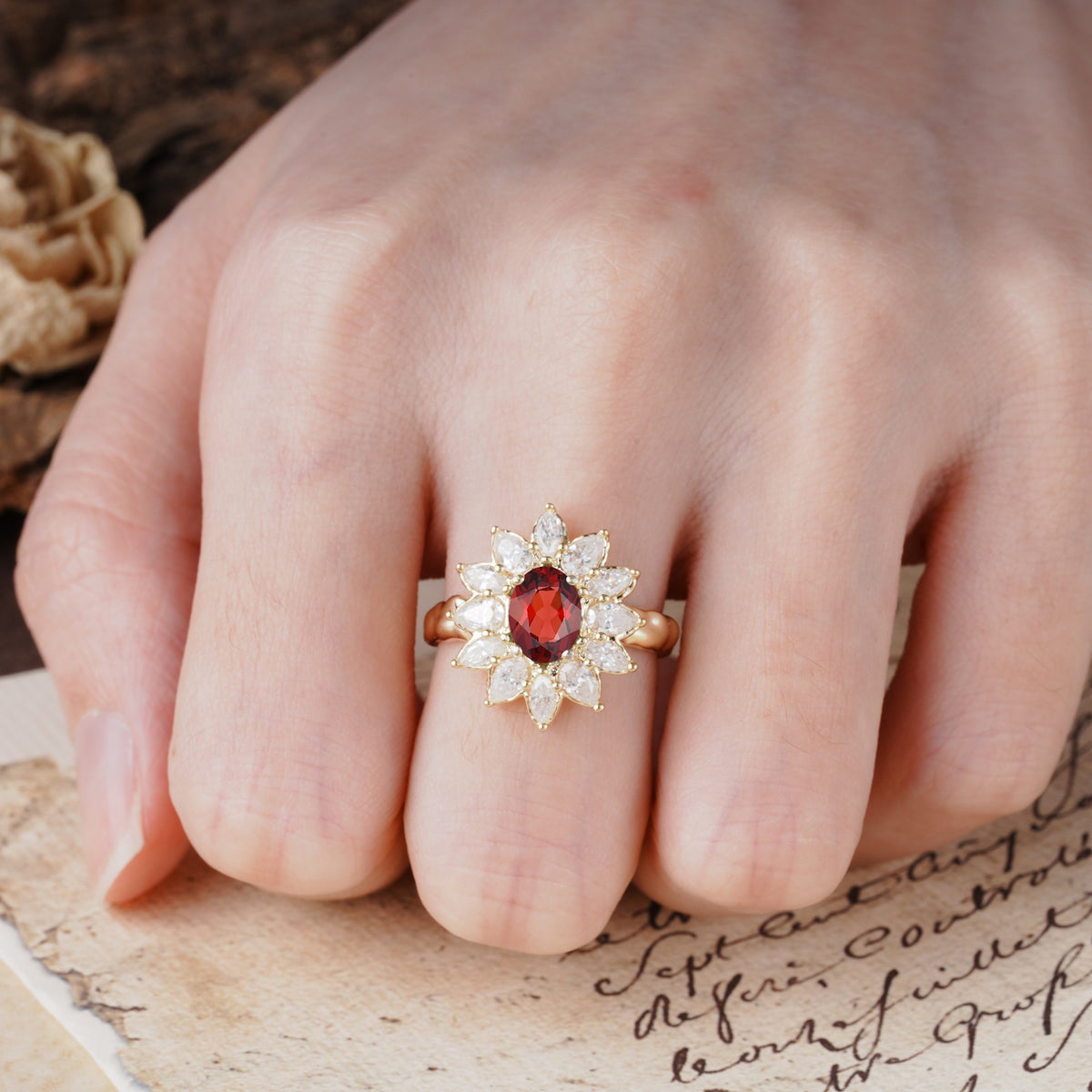 Nature-Inspired, Luxurious, and Unique Sunflower-Style 6-Prong Oval-Cut Garnet Engagement Ring - Additional view