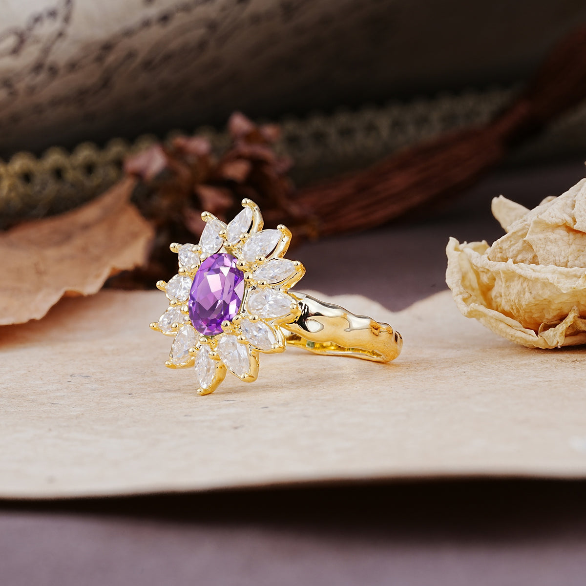Nature-Inspired, Luxurious, and Unique Sunflower-Style 6-Prong Oval-Cut Amethyst Engagement Ring - Additional view