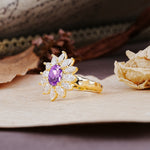 Nature-Inspired, Luxurious, and Unique Sunflower-Style 6-Prong Oval-Cut Amethyst Engagement Ring - Additional view