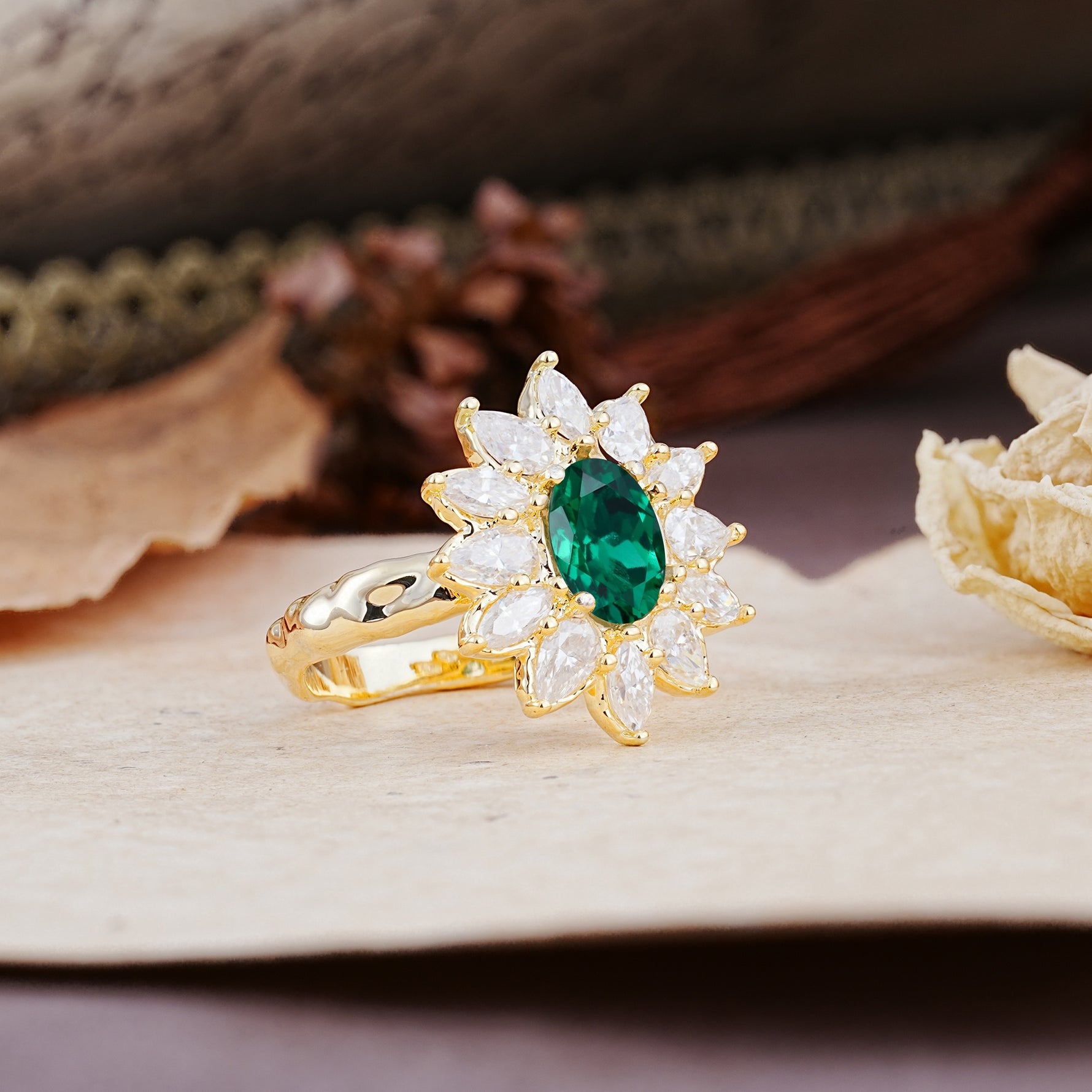 Nature-Inspired, Luxurious, and Unique Sunflower-Style 6-Prong Oval-Cut Emerald Engagement Ring - Additional view