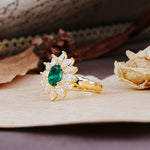 Nature-Inspired, Luxurious, and Unique Sunflower-Style 6-Prong Oval-Cut Emerald Engagement Ring - Additional view