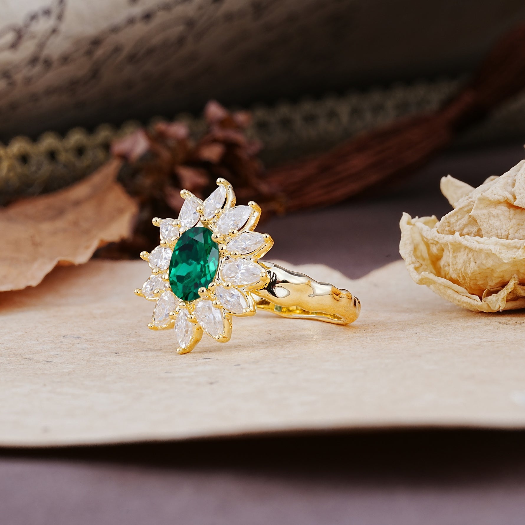 Nature-Inspired, Luxurious, and Unique Sunflower-Style 6-Prong Oval-Cut Emerald Engagement Ring - Additional view