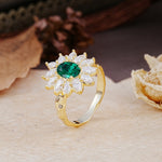 Nature-Inspired, Luxurious, and Unique Sunflower-Style 6-Prong Oval-Cut Emerald Engagement Ring - Additional view