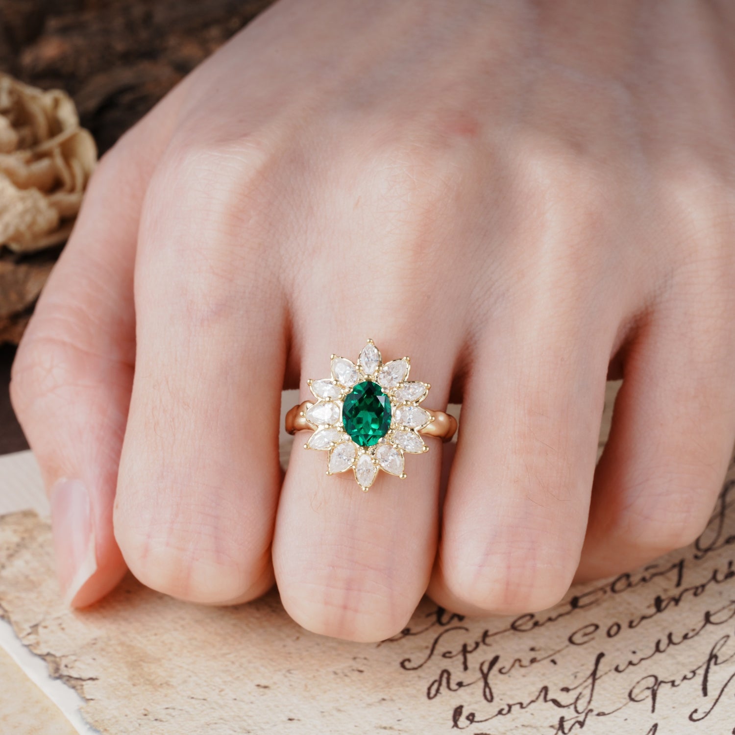 Nature-Inspired, Luxurious, and Unique Sunflower-Style 6-Prong Oval-Cut Emerald Engagement Ring - Additional view