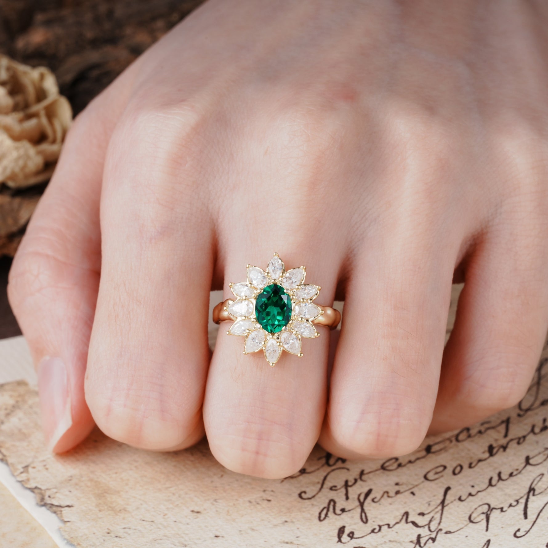 Nature-Inspired, Luxurious, and Unique Sunflower-Style 6-Prong Oval-Cut Emerald Engagement Ring - Additional view