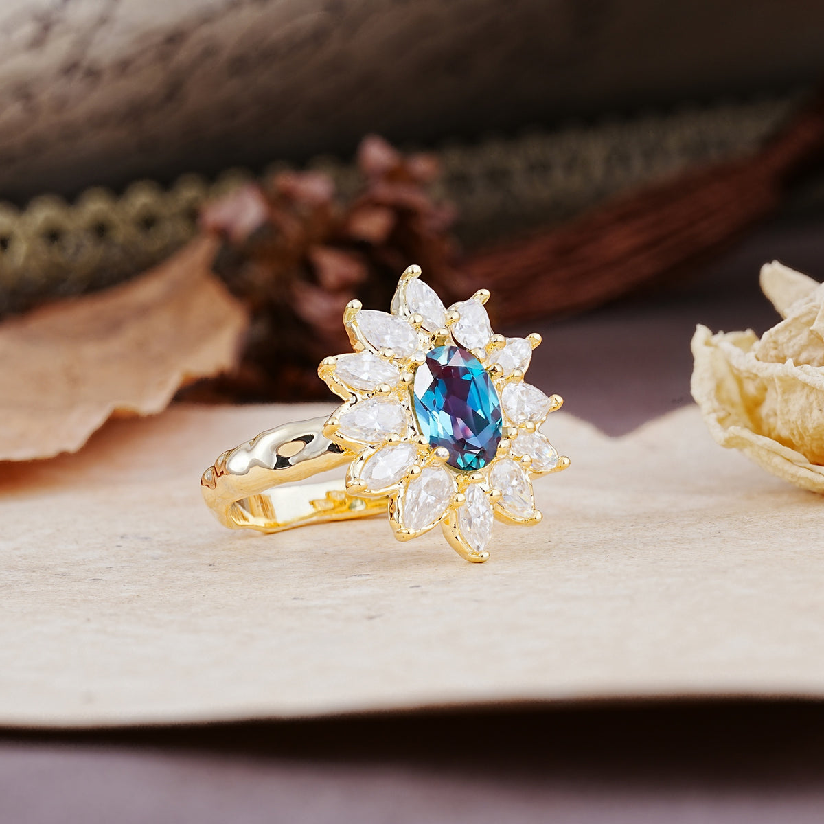 Nature-Inspired, Luxurious, and Unique Sunflower-Style 6-Prong Oval-Cut Alexandrite Engagement Ring - Additional view