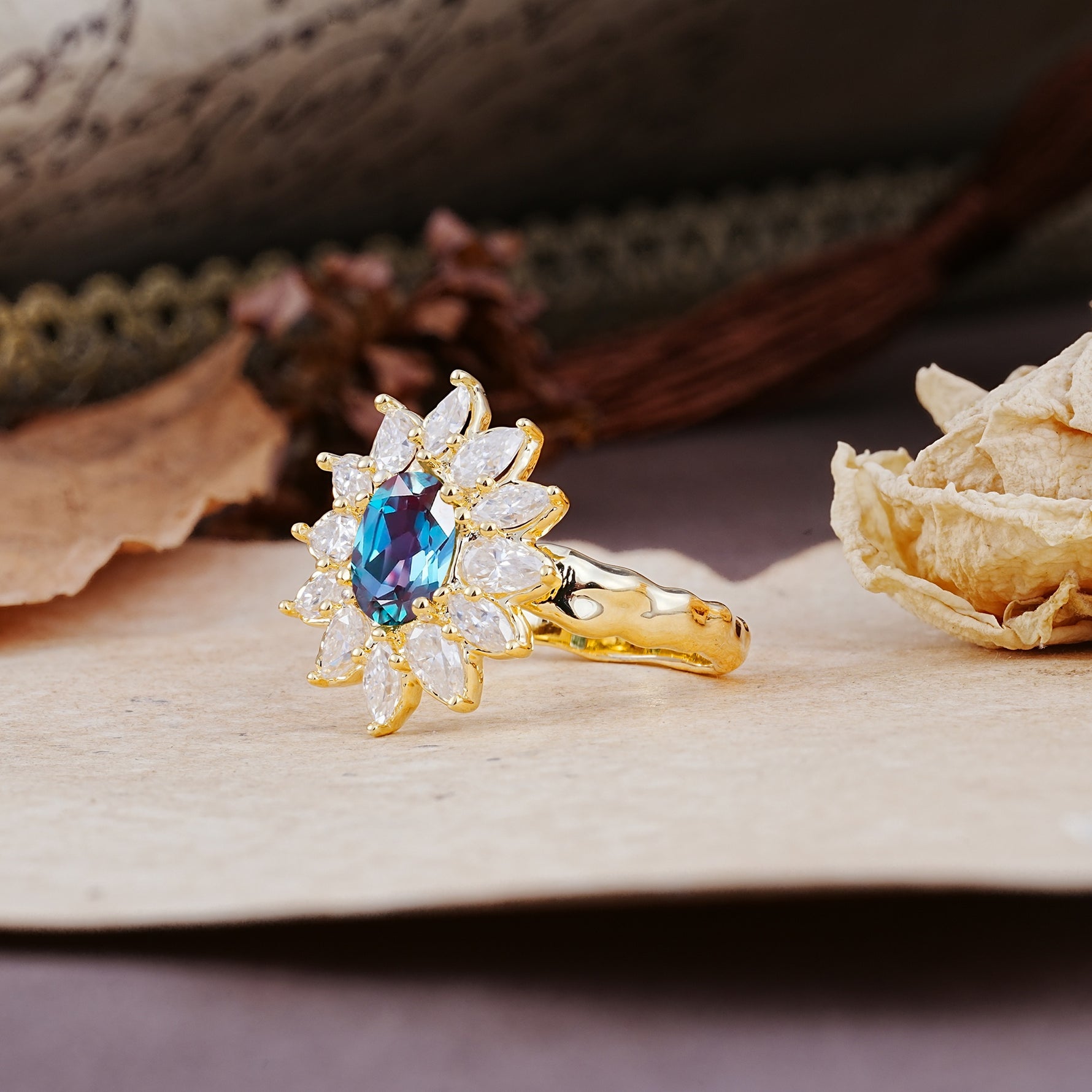 Nature-Inspired, Luxurious, and Unique Sunflower-Style 6-Prong Oval-Cut Alexandrite Engagement Ring - Additional view