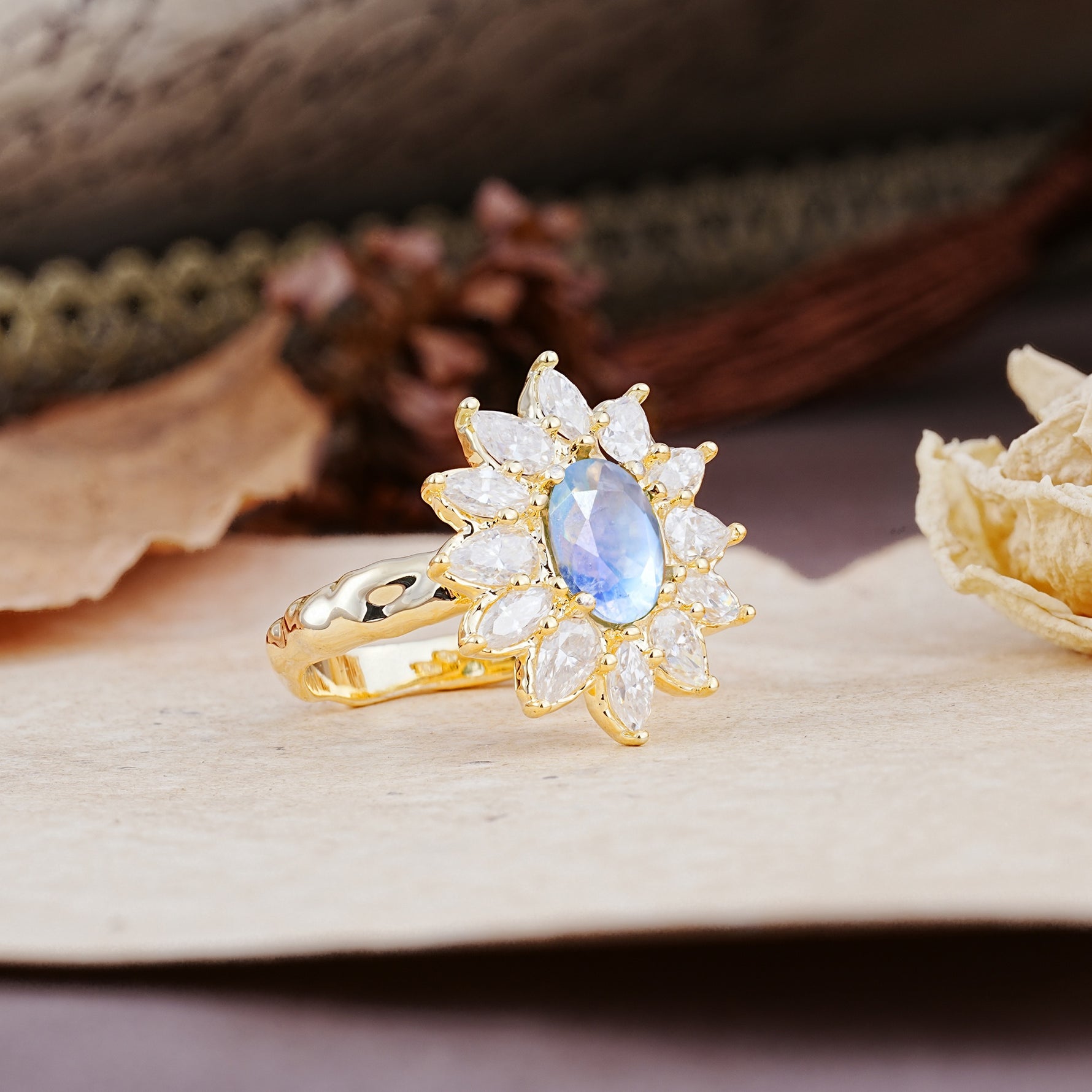 Nature-Inspired, Luxurious, and Unique Sunflower-Style 6-Prong Oval-Cut Moonstone Engagement Ring - Additional view