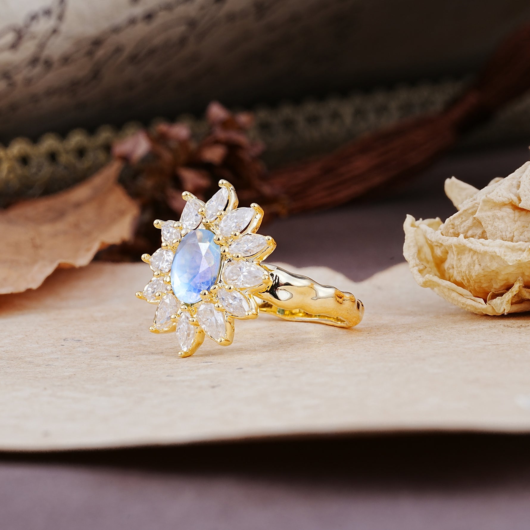 Nature-Inspired, Luxurious, and Unique Sunflower-Style 6-Prong Oval-Cut Moonstone Engagement Ring - Additional view