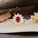 Nature-Inspired, Luxurious, and Unique Sunflower-Style 6-Prong Oval-Cut Ruby Engagement Ring - Additional view
