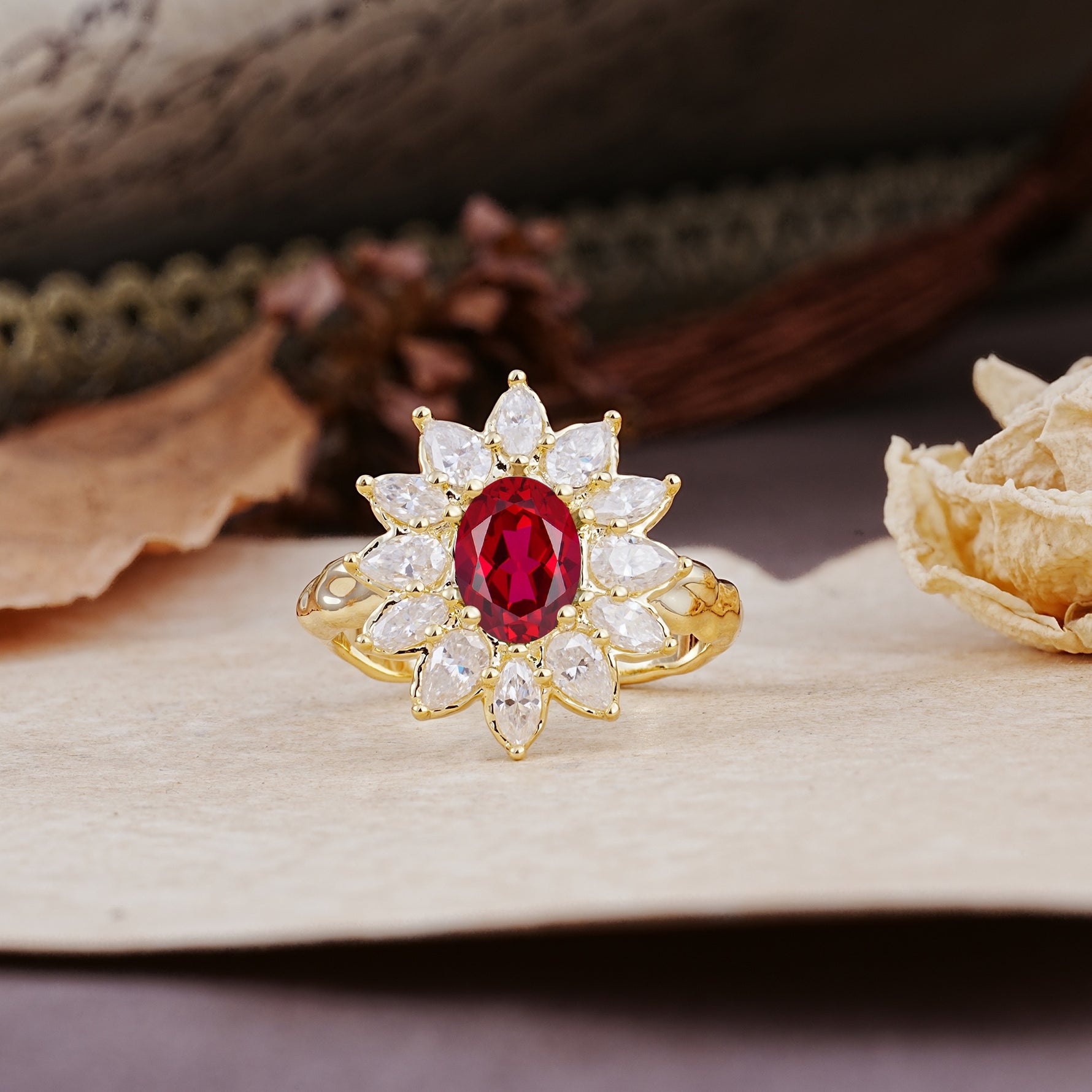 Nature-Inspired, Luxurious, and Unique Sunflower-Style 6-Prong Oval-Cut Ruby Engagement Ring - Additional view